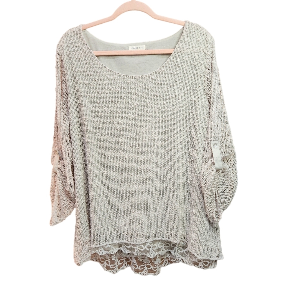 Indigo Soul Pullover Lightweight Sweater with Lace Bottom Top Beige Blouse